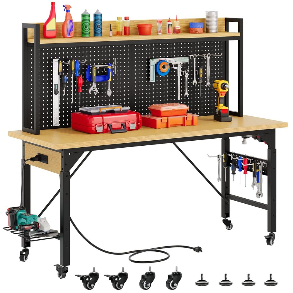 60인치 헤비듀티 작업대(페그보드 및 바퀴 포함, 높이 - Woodworking Work Table 리뷰 및 가격